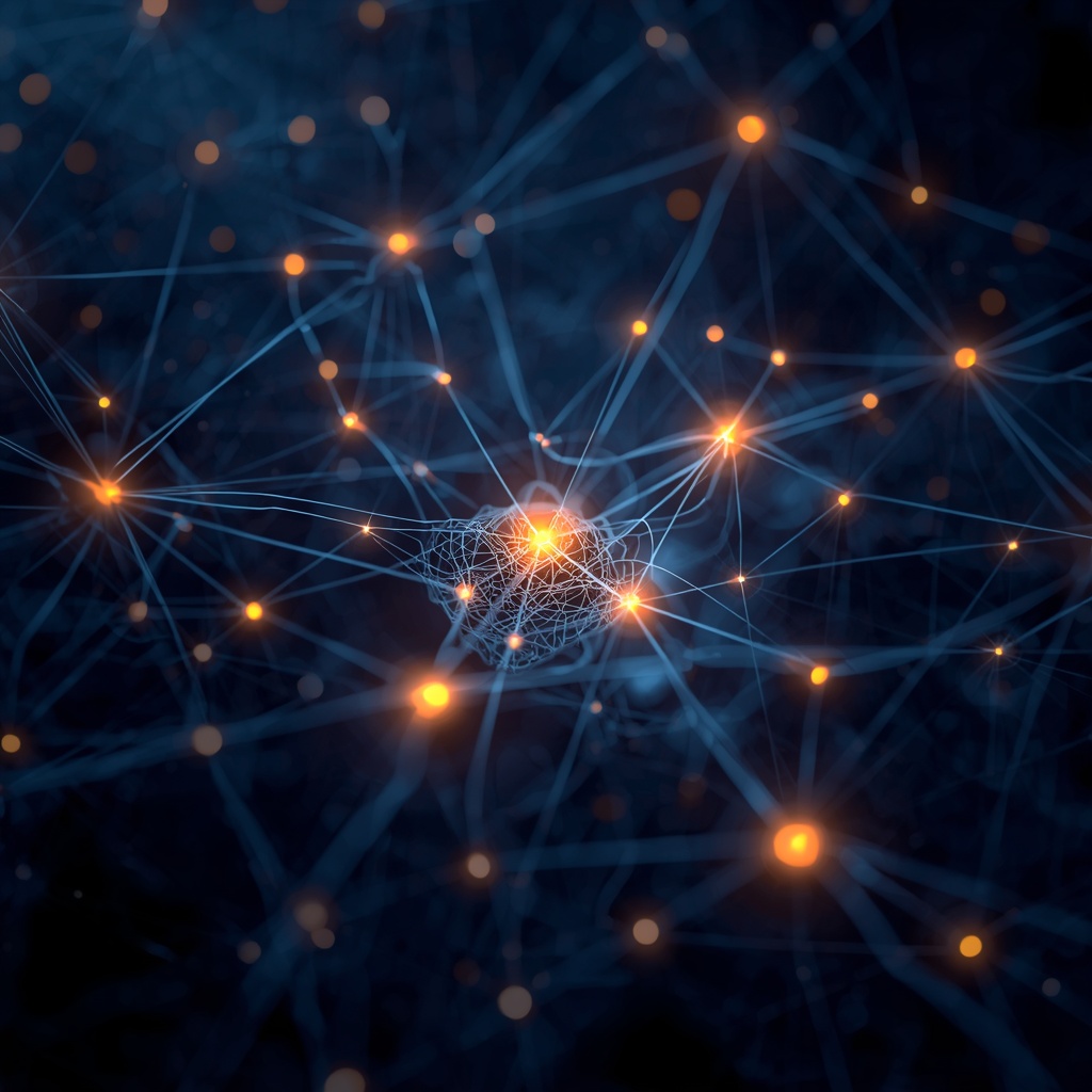 An abstract visualization of neural network connections with glowing nodes and pathways representing the early conceptual foundations of artificial intelligence circuitry